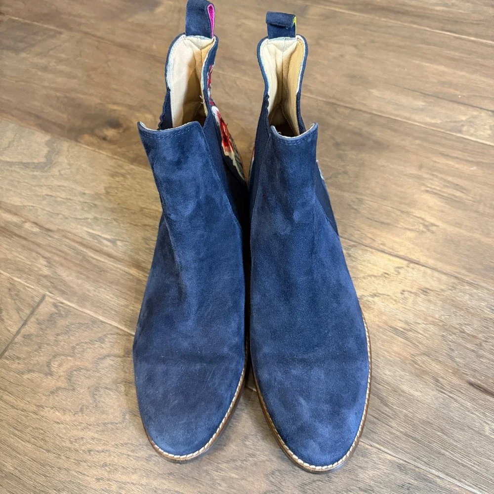 Joules Westbourne Navy Blue Suede Floral Embroidered Chelsea Boots Womens‎ US 9